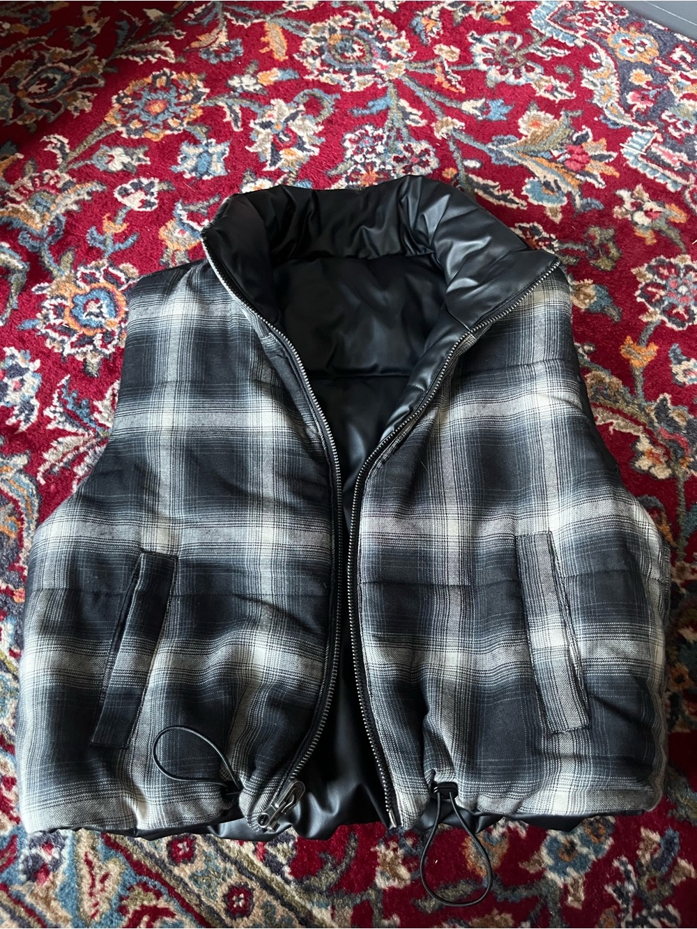 Black & Gray Plaid Puffer Vest - Unbranded